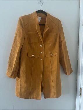 Chicos Mustard Yellow Textured Long Blazer Topper Jacket Coat Small Quiet Luxury